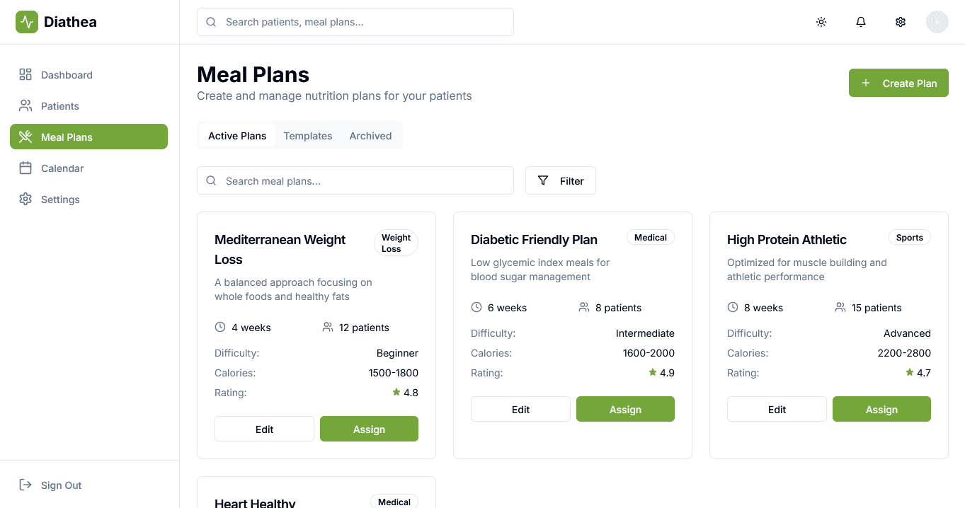 Editor de planes alimentarios en Diathea